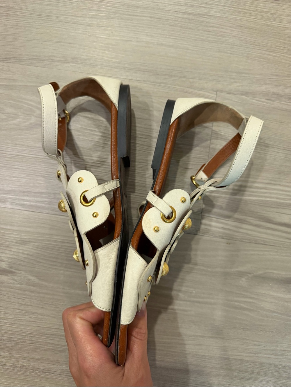 See By Chloe White Floral Leather Ankle-Strap Sandals with Gold Accents - Picture 8 of 11